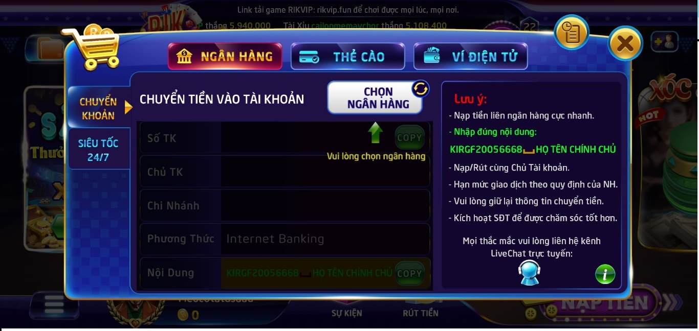 Hướng dẫn nạp - rút tiền siêu tốc tại Rikvip
